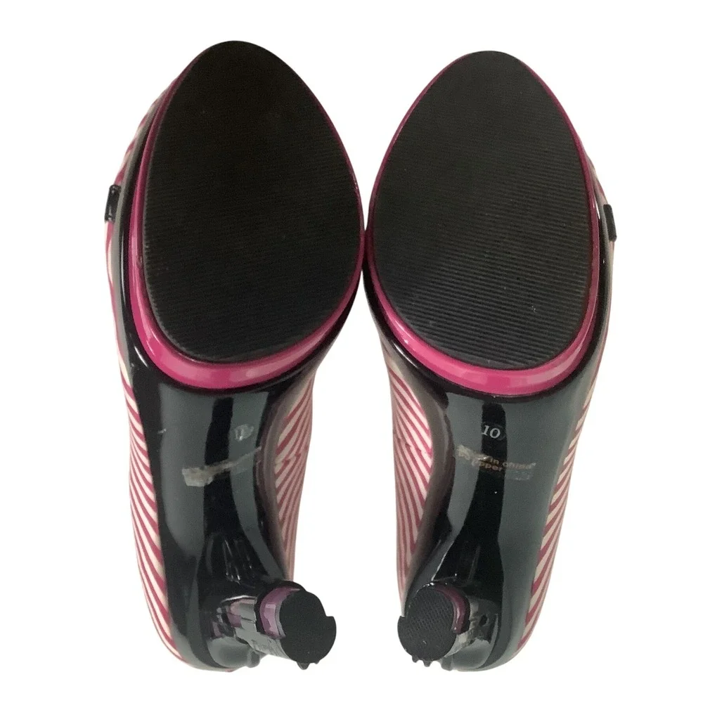 Highest Heel Pink White Striped Gun Heel Platform Pumps Buckle Accent Size 10